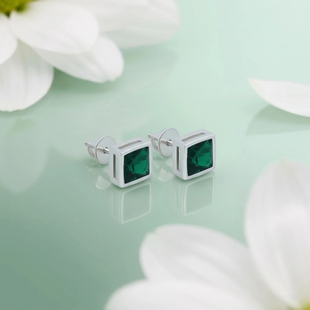 Beautiful Silver Stud Earrings with Square Green Stone