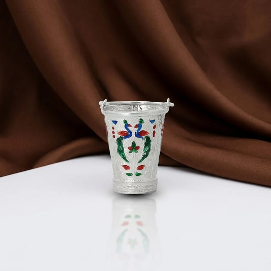 Beautifully Crafted Peacock Design Silver Bucket for Worship