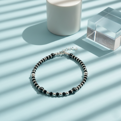 Black Beads Silver Spacer Bracelet