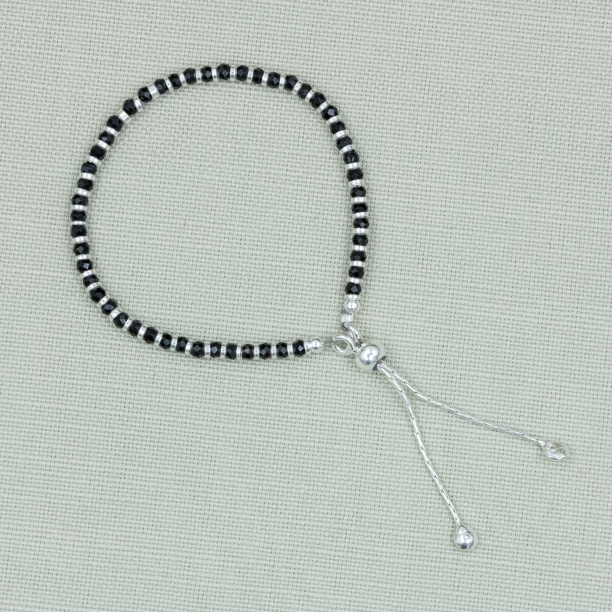 Black Beaded Silver Adjustable Bracelet