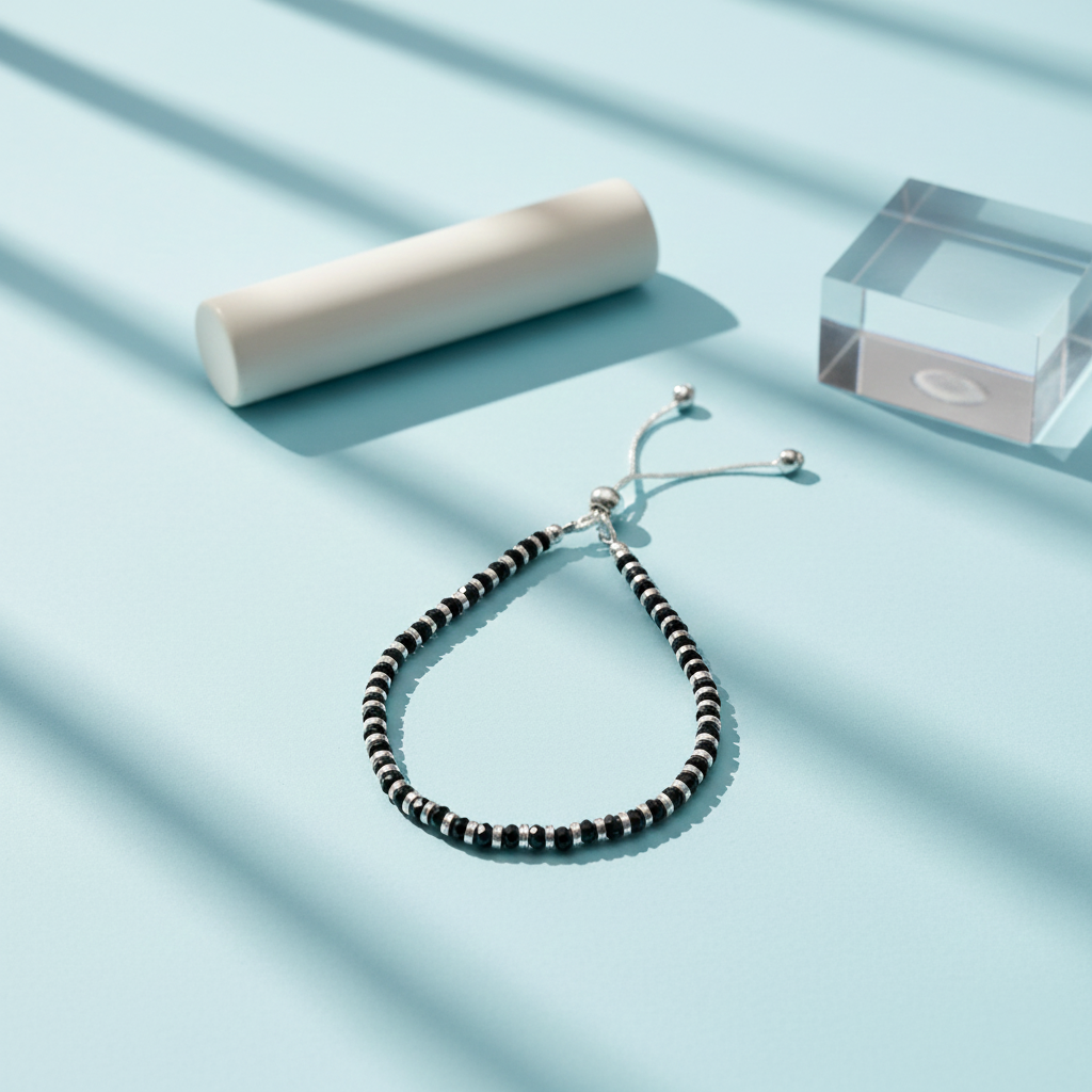 Black Beaded Silver Adjustable Bracelet