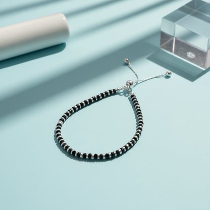 Black Beaded Silver Adjustable Bracelet