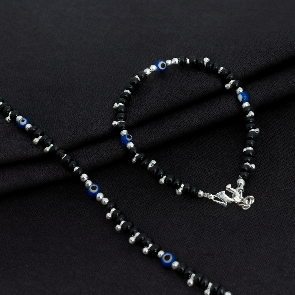 Black Beads & Blue Evil Eye Silver Baby Anklet