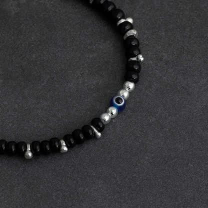 Black Beads & Blue Evil Eye Silver Baby Anklet