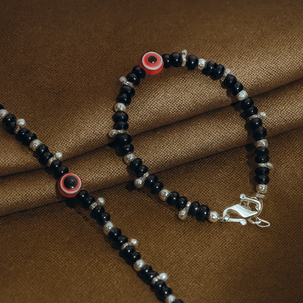 Black Beads & Red Evil Eye Silver Baby Bracelet