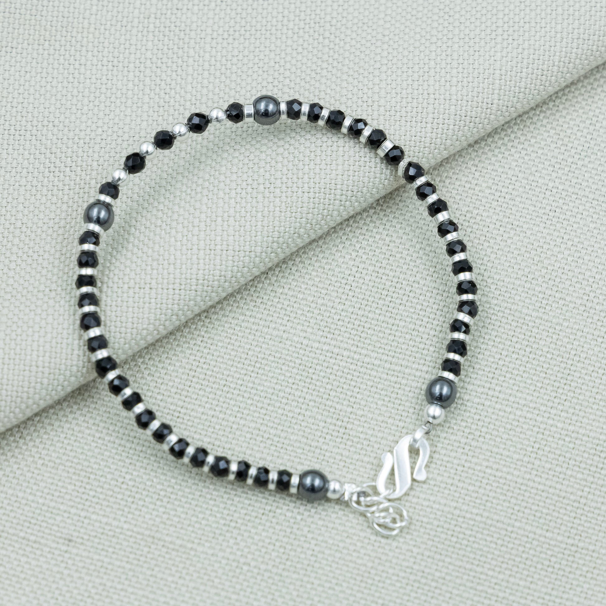 Black Beads Silver Spacer Bracelet