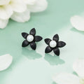 Black Flower Stud Silver Earrings with Pearl Center