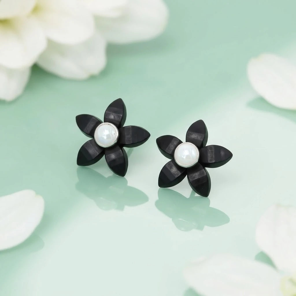 Black Flower Stud Silver Earrings with Pearl Center