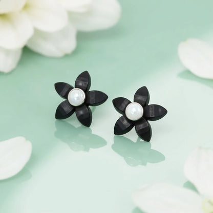 Black Flower Stud Silver Earrings with Pearl Center