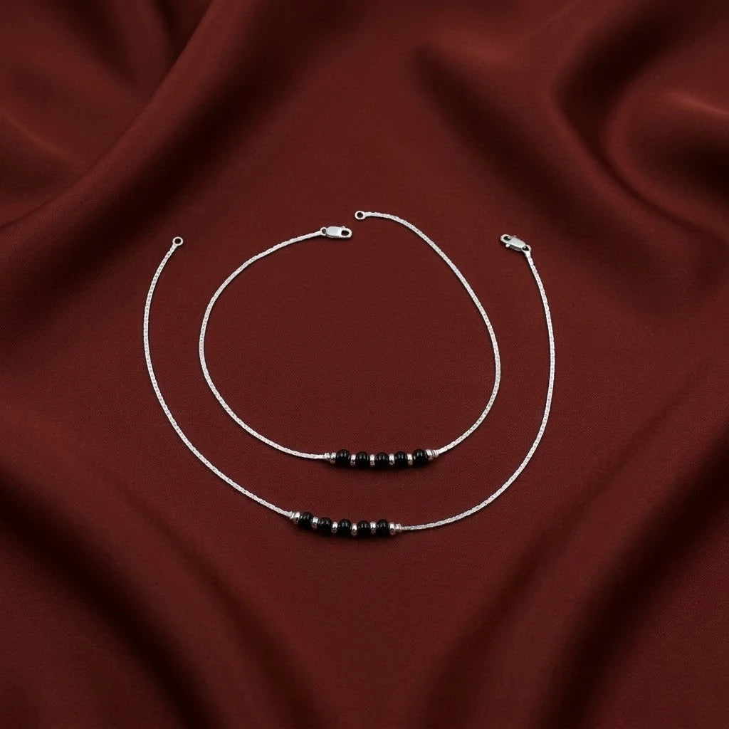 Black & Silver Beads Silver Anklet