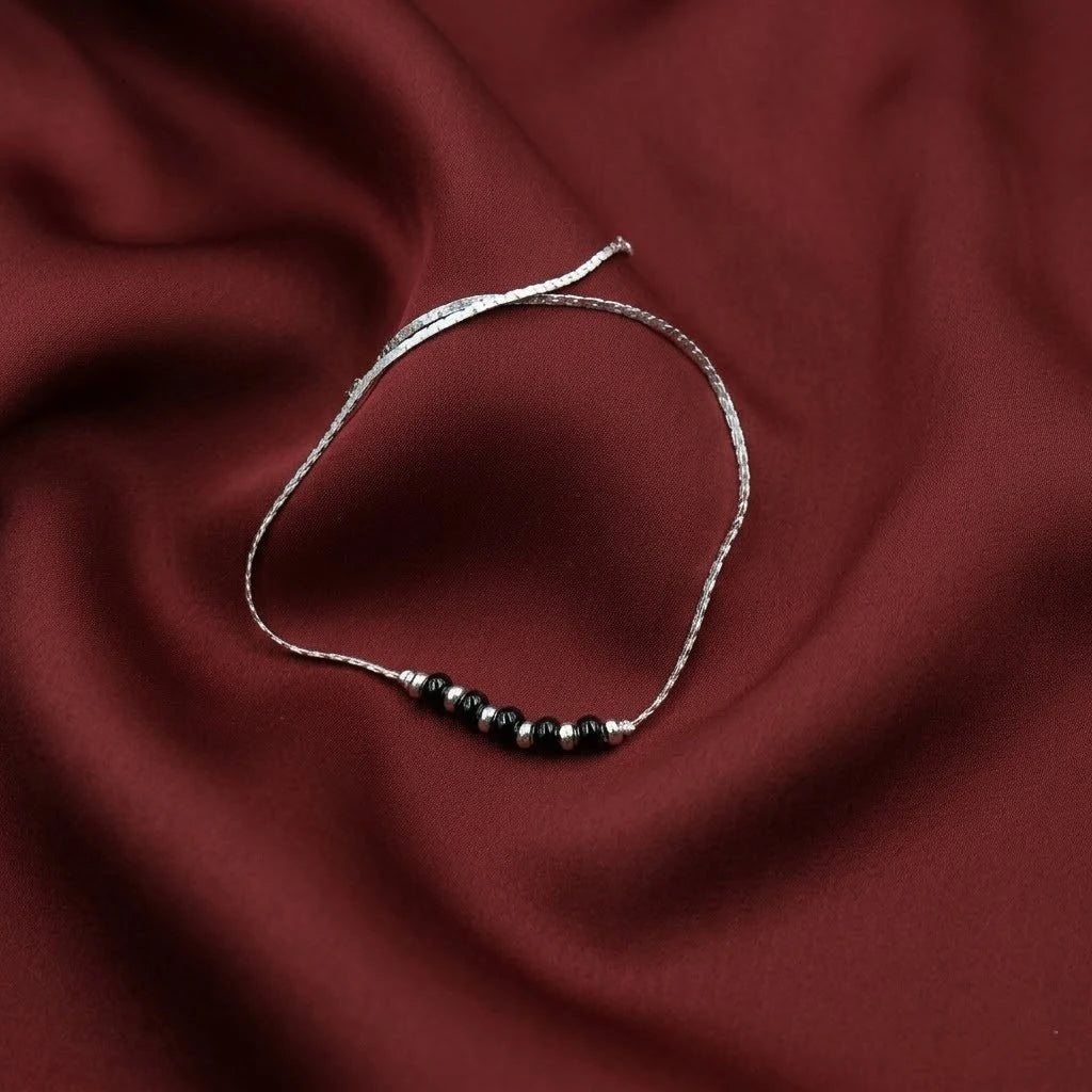 Black & Silver Beads Silver Anklet