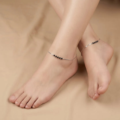 Black & Silver Beads Silver Anklet