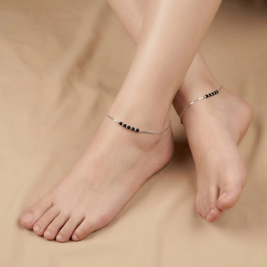 Black & Silver Beads Silver Anklet