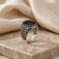 Black Stone Engraved Sterling Silver Ring