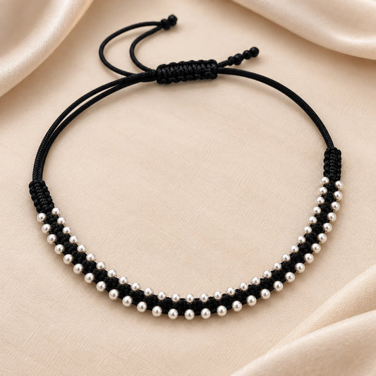 Black Thread Silver Beads Anklet for Women