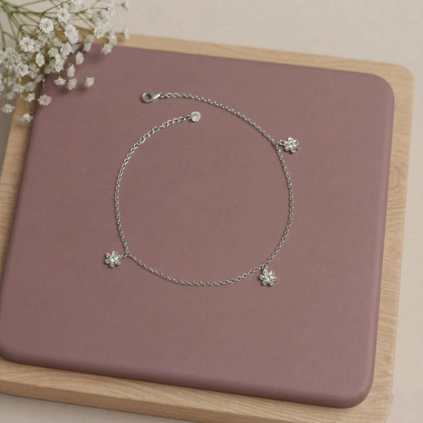 Bloom Flower Charm Silver Anklet Pair