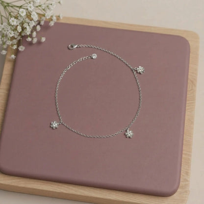 Bloom Flower Charm Silver Anklet Pair
