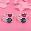 Blue-Detail Flower Silver Toe Ring with Stone