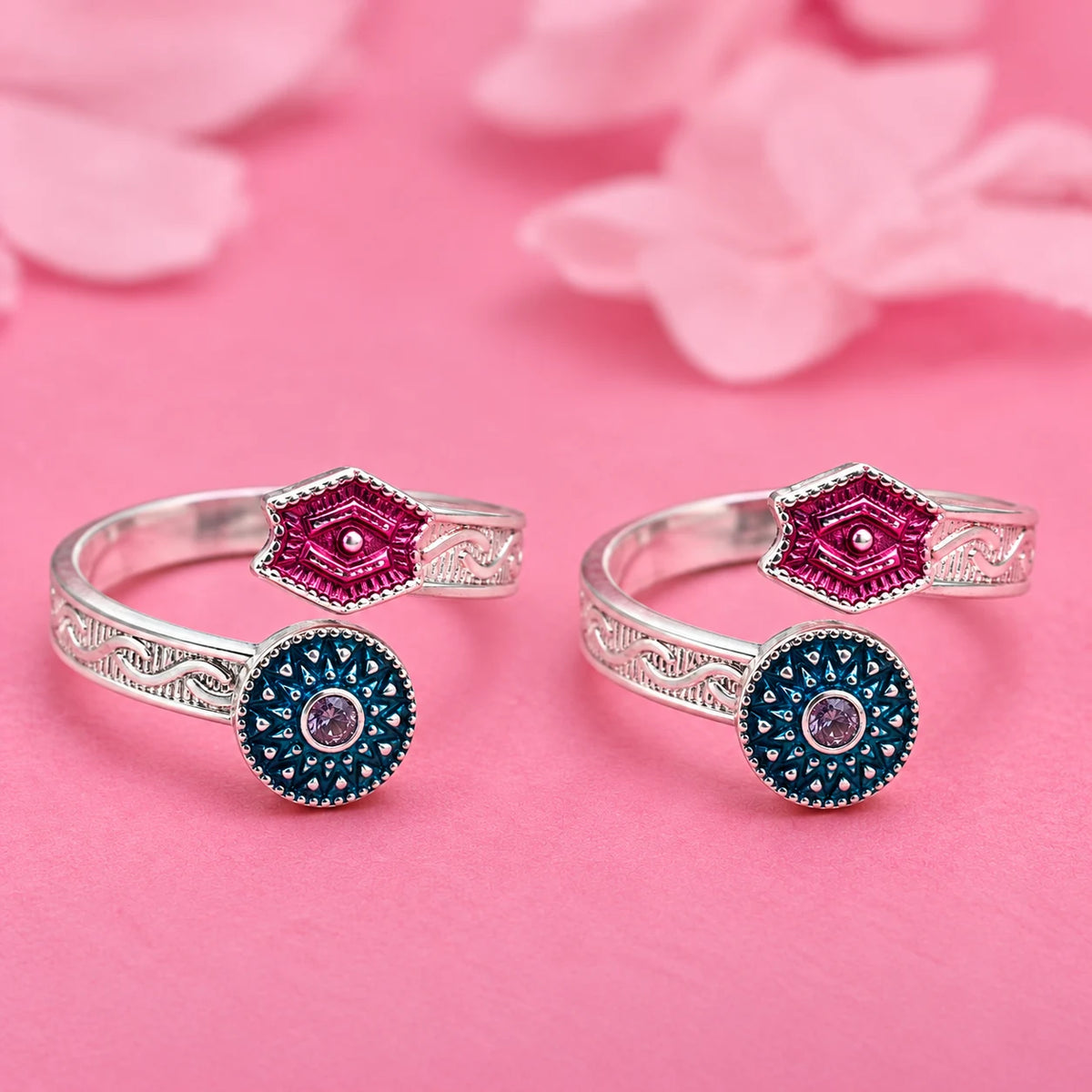 Blue-Detail Flower Silver Toe Ring with Stone