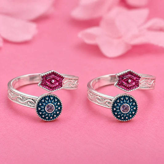 Blue-Detail Flower Silver Toe Ring with Stone