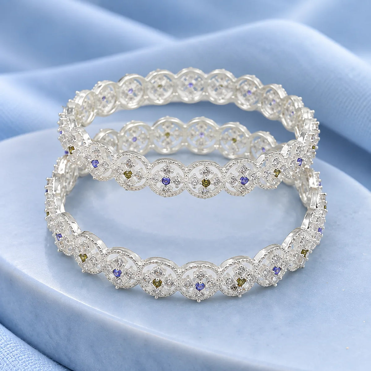 Blue & Green Stone-Embellished Silver Bangles for Women.
