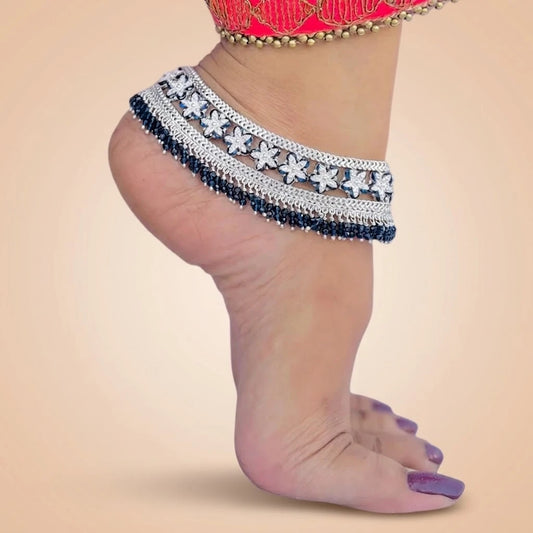 Blue Stones Multiple Flower Design Silver Payal