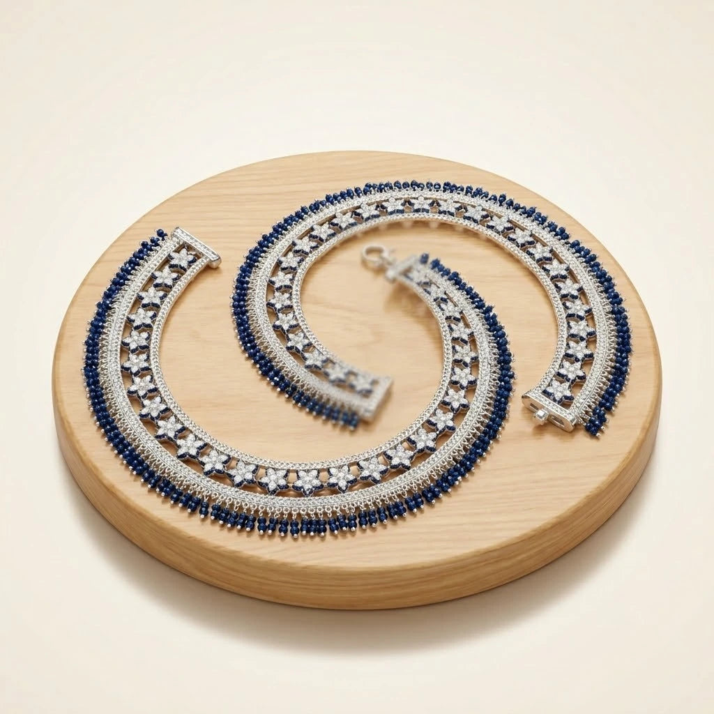 Blue Stones Multiple Flower Design Silver Payal