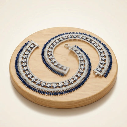 Blue Stones Multiple Flower Design Silver Payal