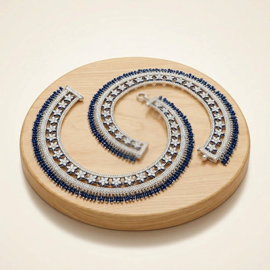 Blue Stones Multiple Flower Design Silver Payal