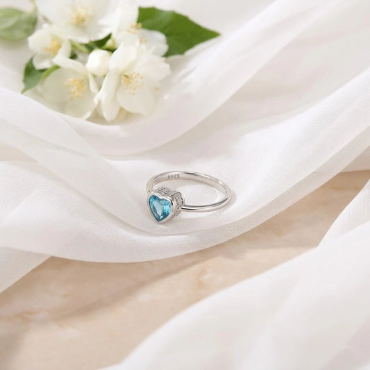 Blue Topaz Heart Silver Ring For Girls