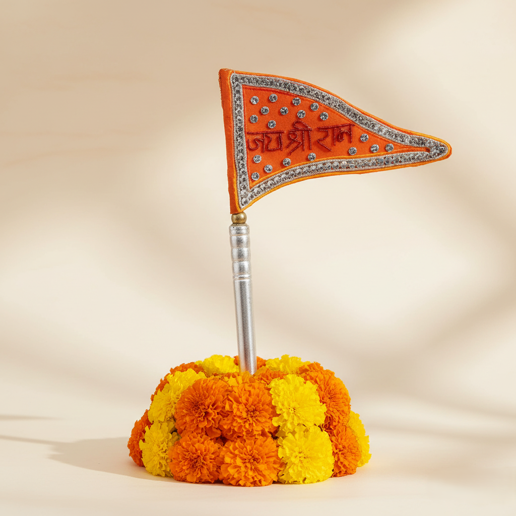 Bright Orange ‘Jai Shri Ram’ Silver dhwaja with Crystal Design