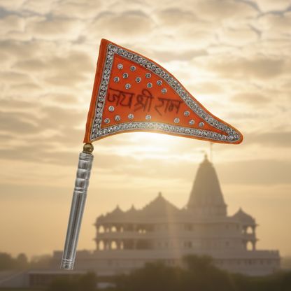 Bright Orange ‘Jai Shri Ram’ Silver dhwaja with Crystal Design