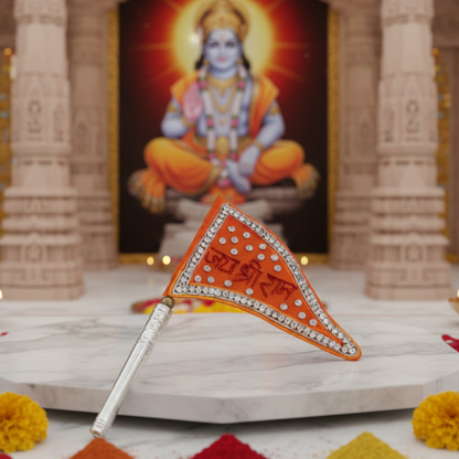 Bright Orange ‘Jai Shri Ram’ Silver dhwaja with Crystal Design
