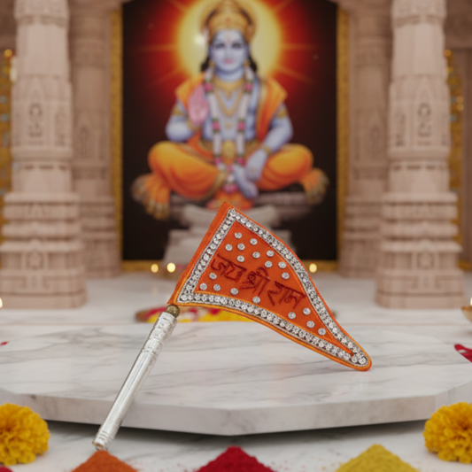 Bright Orange ‘Jai Shri Ram’ Silver dhwaja with Crystal Design