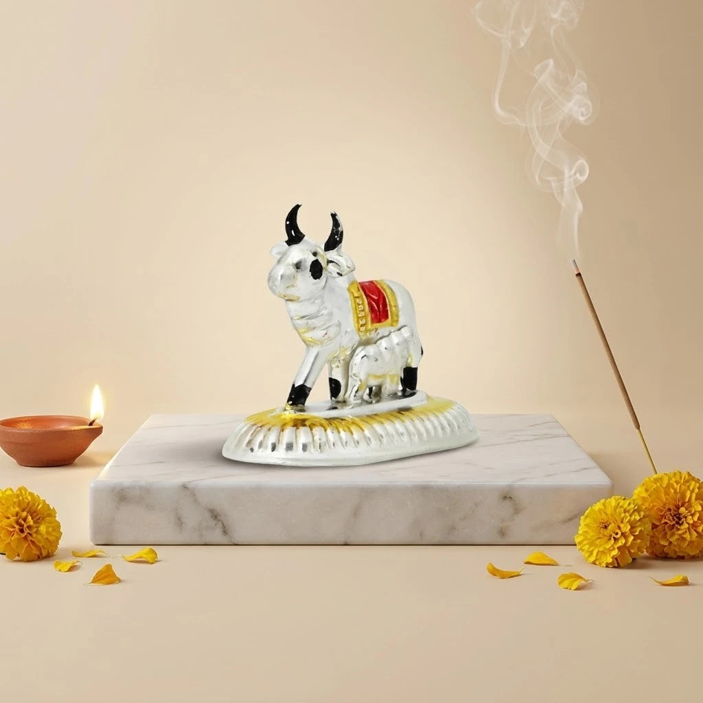 Bring Divine Blessings to Your Home with Our Elegant Silver Cow and Calf Idol
