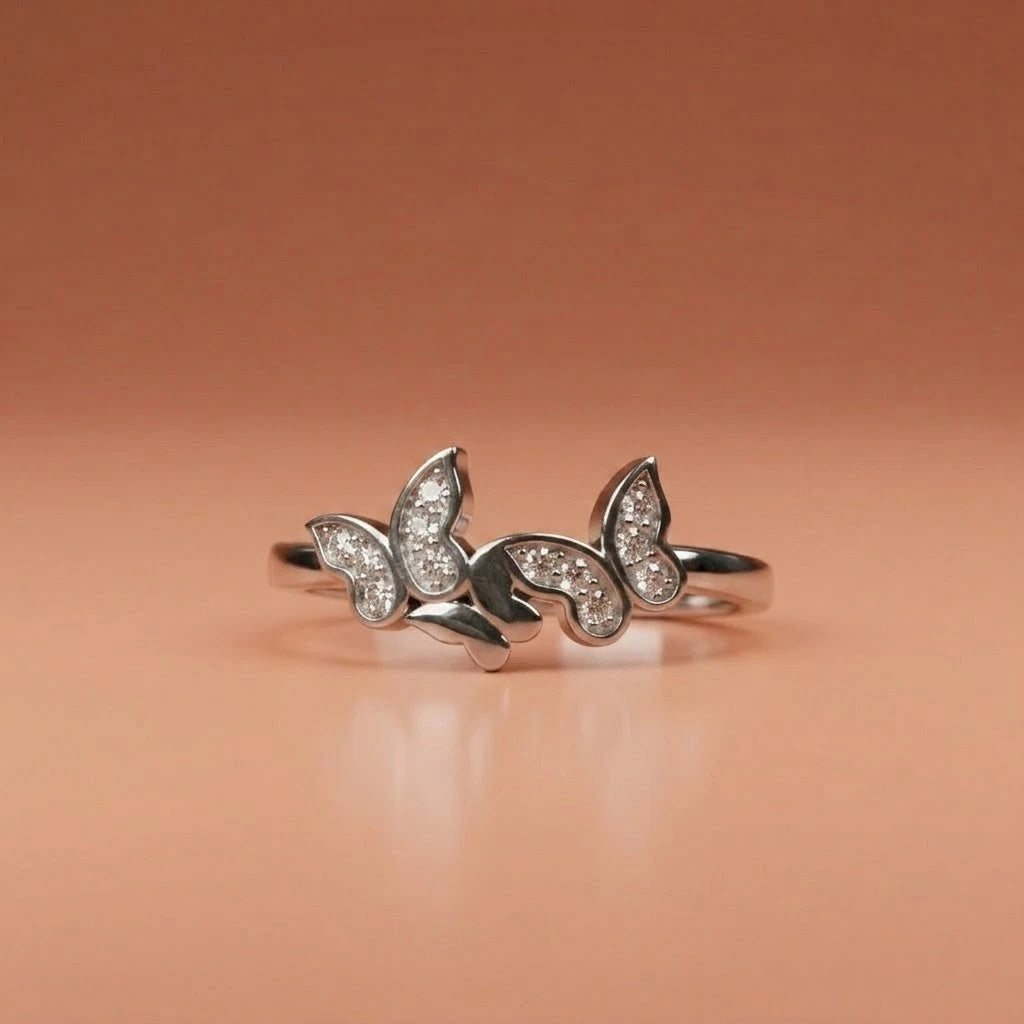 Butterfly Diamond Adjustable Ring in Silver Finish