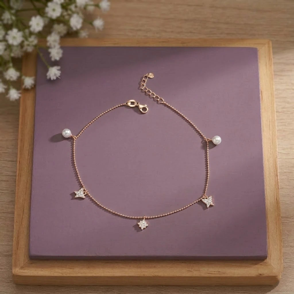 Celestial Star Pearl Silver Anklet for Women