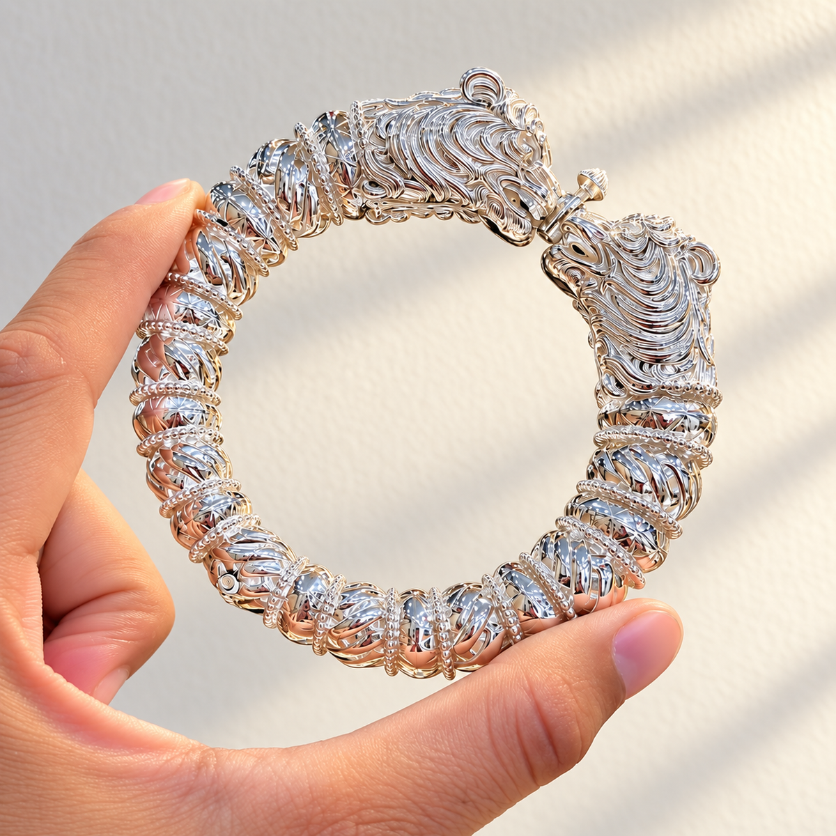 Traditional Design Silver Kada with Lion Head and Intricate Carving