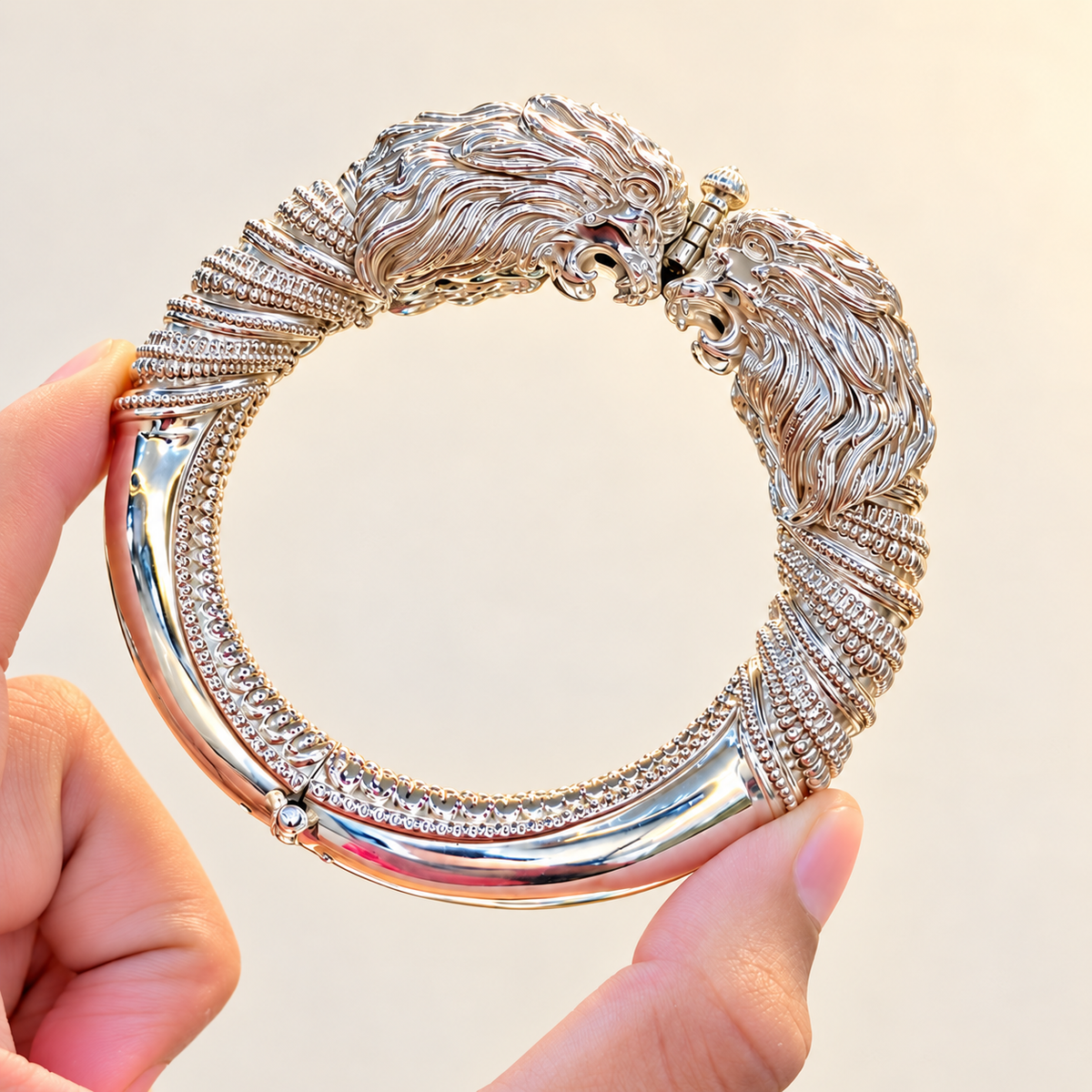 Traditional Design Silver Kada with Double Lion Head and Intricate Carving