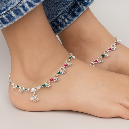 Charming Silver Anklet Payal with Ghungroo and Vibrant Diamond-Shaped Stones.