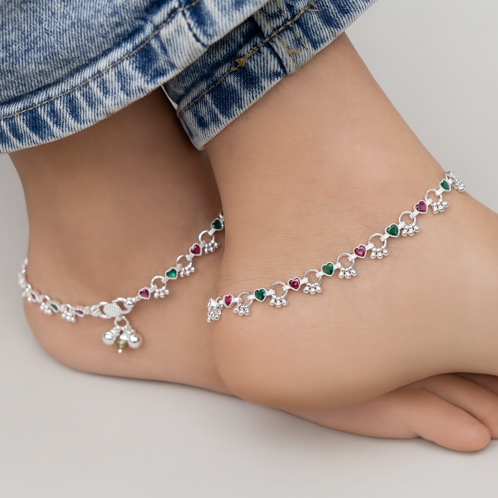 Charming Silver Anklet Payal with Ghungroo and Vibrant Diamond-Shaped Stones.