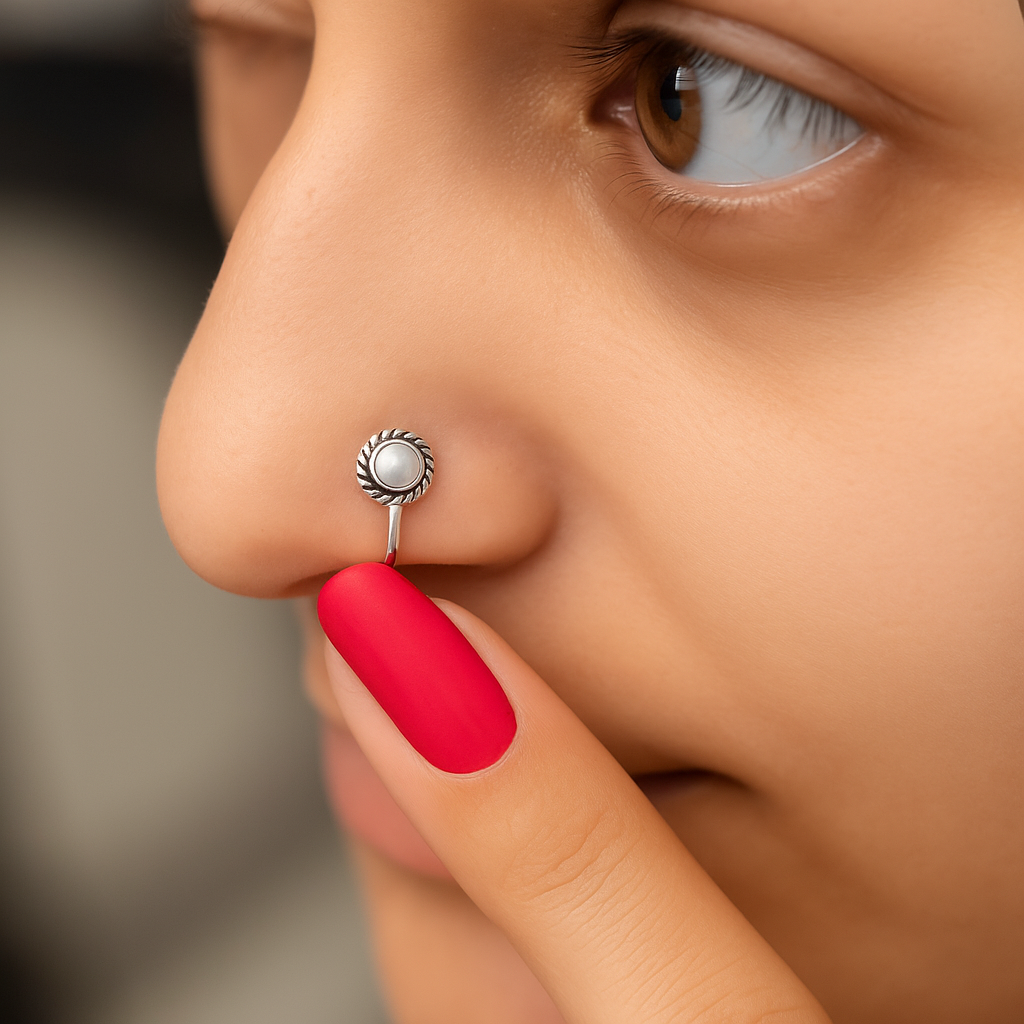 Elegant Silver Nose Ring with White Pearl Stone
