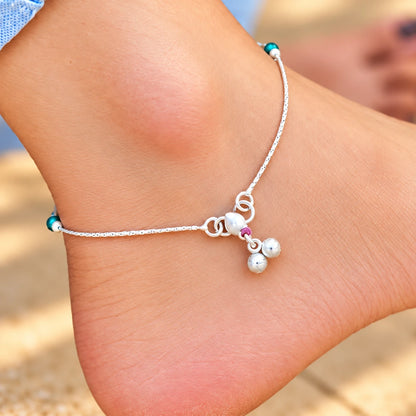 Silver Anklet with Red & Green Beads