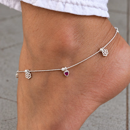 Silver Heart & Flower Charm Anklet for Women | Dainty Silver Payal