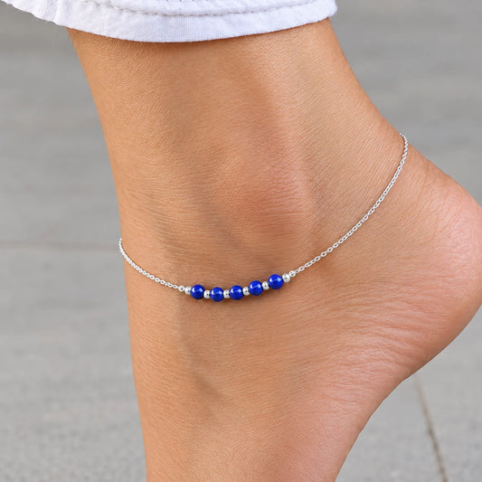 Silver Anklet Pair with Blue Beads for Women