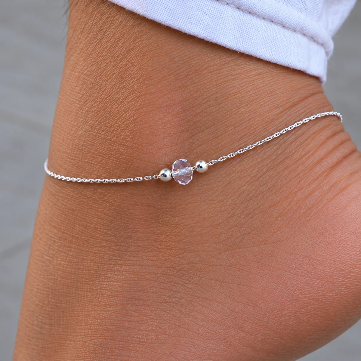 Silver Anklet with Sparkling Beads Lightweight & Graceful