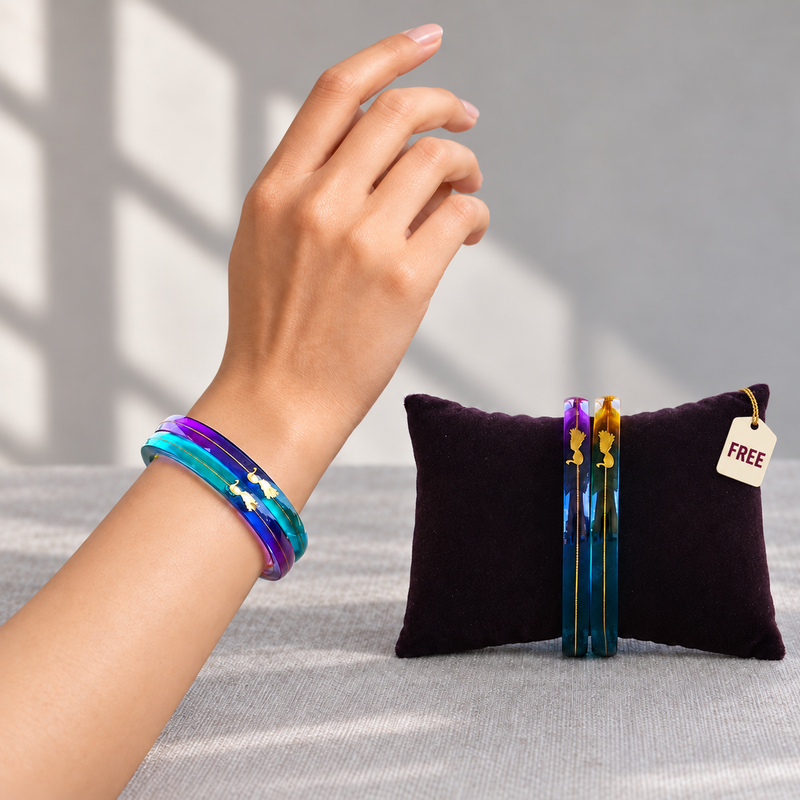 Rainbow Gradient Resin Bangles with Gold Peacock