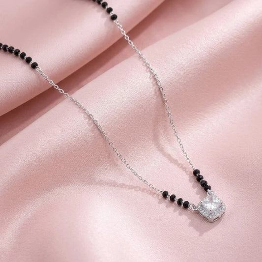 Classic Black Beaded Mangalsutra with Sparkling Square Pendant
