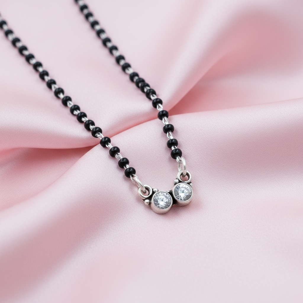 Classic Dual-CZ Black Bead Silver Mangalsutra