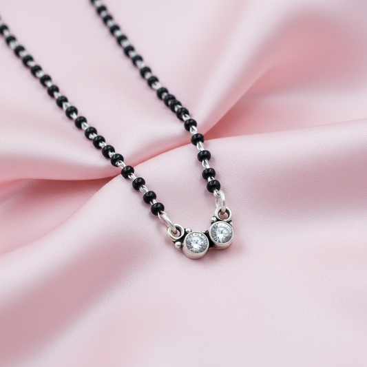 Classic Dual-CZ Black Bead Silver Mangalsutra